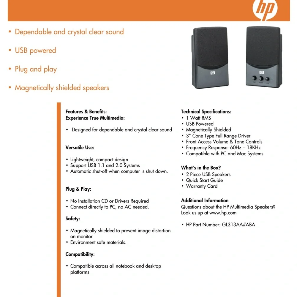 HP Universal Black USB Charging Computer Speakers cable included EUC Set of 2